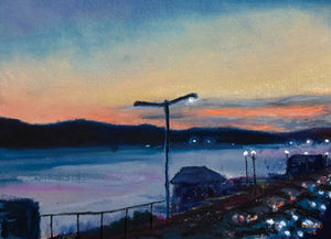 kocka「夕暮れまじかの宍道湖」｜夕暮れの空と宍道湖を描いたオイルパステル作品