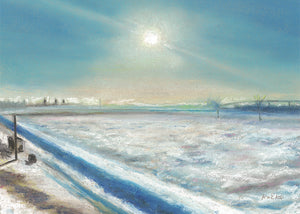 kocka「雪降りの次のあさ」｜雪景色と冬の空を描いたオイルパステル作品