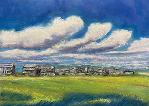 kocka「さよなら８月」｜夏の青空と大きな雲、田園風景を描いたオイルパステル作品